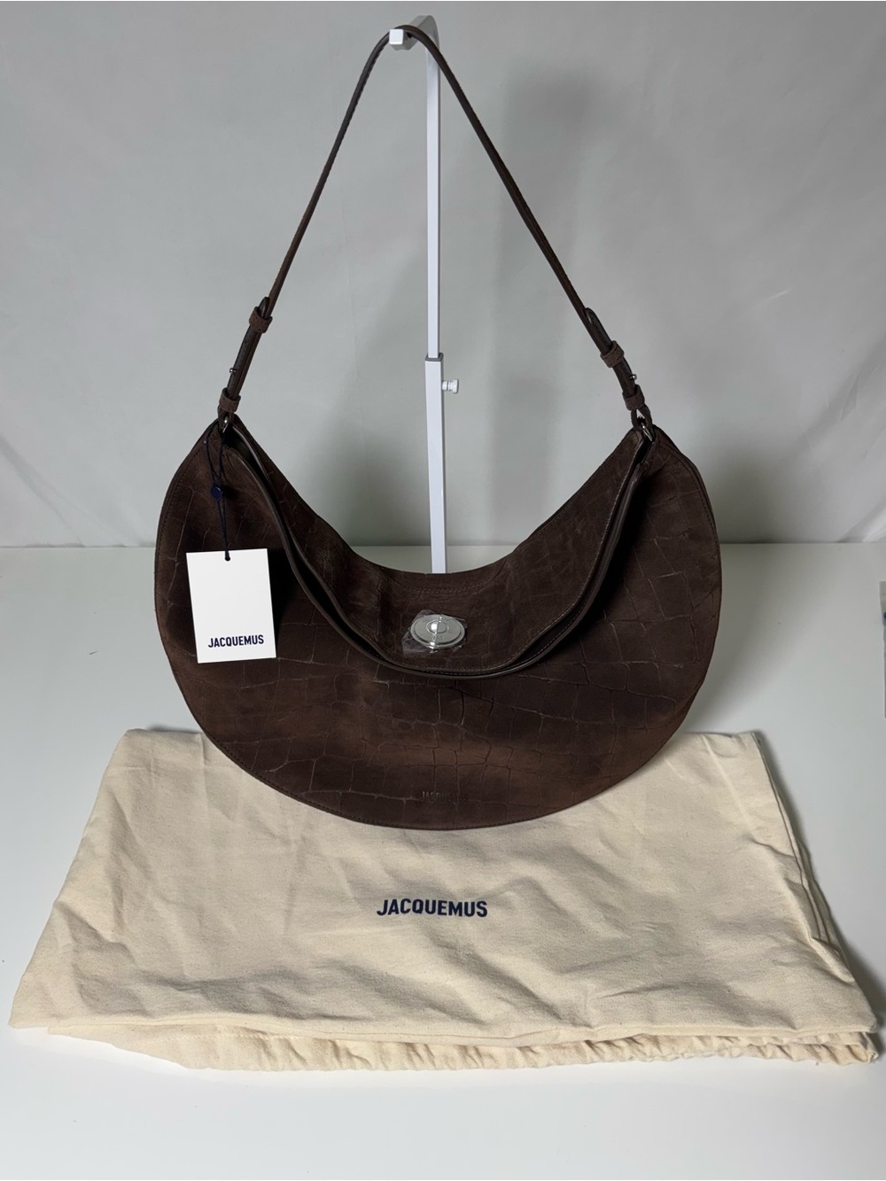 Jacquemus Ovalo Croc-Embossed Suede Hobo Bag Womens Brown Suede NWT